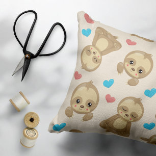Pattern Of Sloths, Cute Sloths, Hearts Decorative Cushion