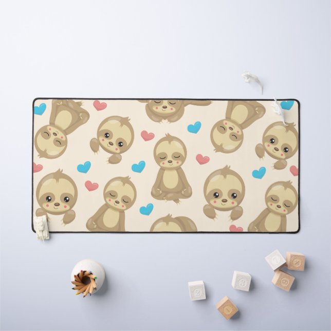 Pattern Of Sloths, Cute Sloths, Hearts Desk Mat (Kids Table)