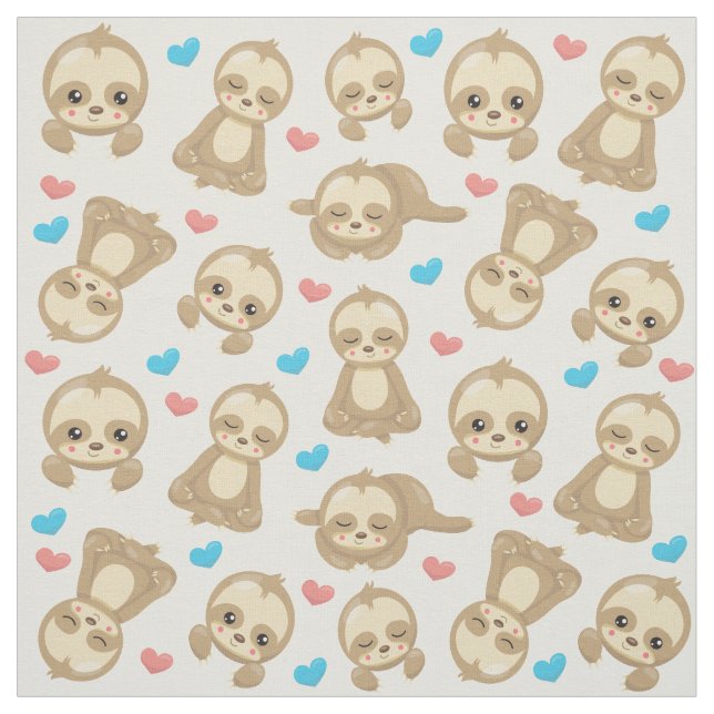Pattern Of Sloths, Cute Sloths, Hearts Fabric (Swatch)