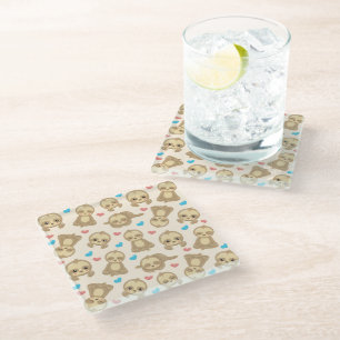 Pattern Of Sloths, Cute Sloths, Hearts Glass Coaster