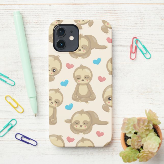 Pattern Of Sloths, Cute Sloths, Hearts iPhone Case (On Desk)