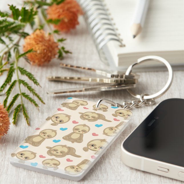 Pattern Of Sloths, Cute Sloths, Hearts Key Ring (Front Right)