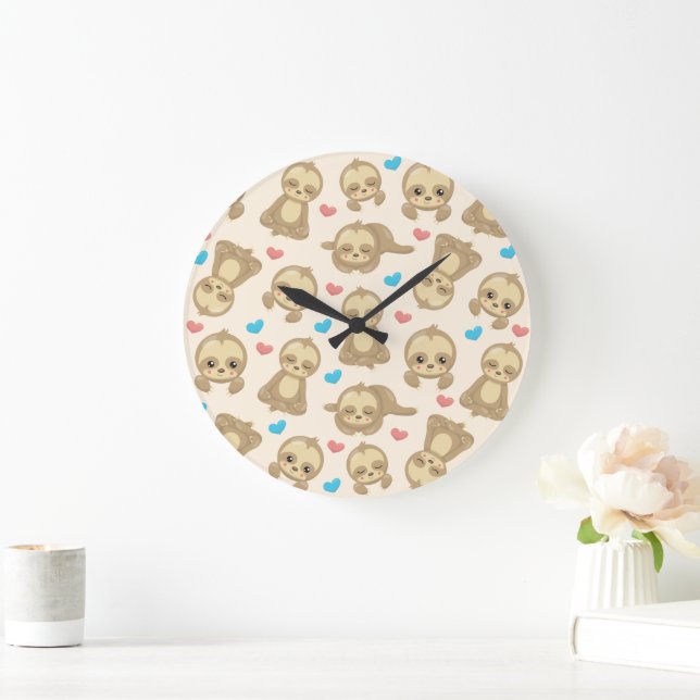 Pattern Of Sloths, Cute Sloths, Hearts Large Clock (Home)
