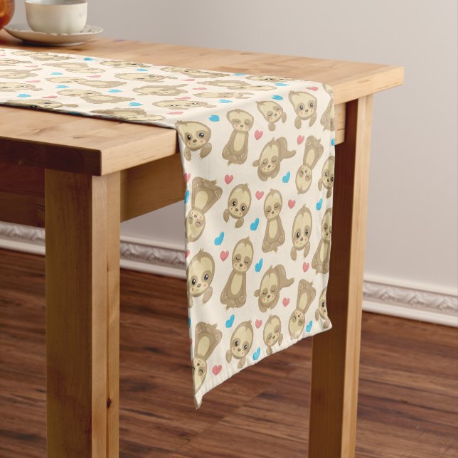 Pattern Of Sloths, Cute Sloths, Hearts Medium Table Runner (In Situ)