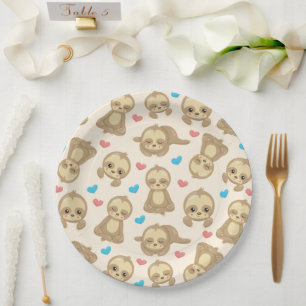 Pattern Of Sloths, Cute Sloths, Hearts Paper Plate