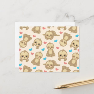 Pattern Of Sloths, Cute Sloths, Hearts Postcard