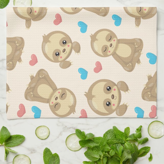 Pattern Of Sloths, Cute Sloths, Hearts Tea Towel (Folded)