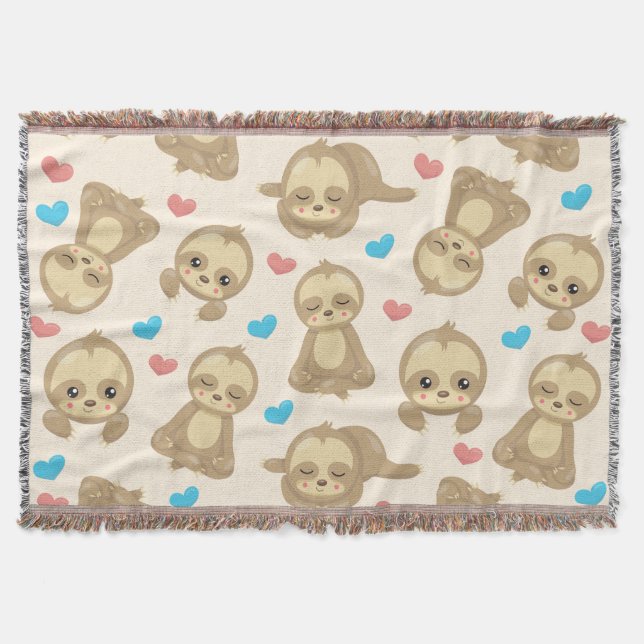 Pattern Of Sloths, Cute Sloths, Hearts Throw Blanket (Front)