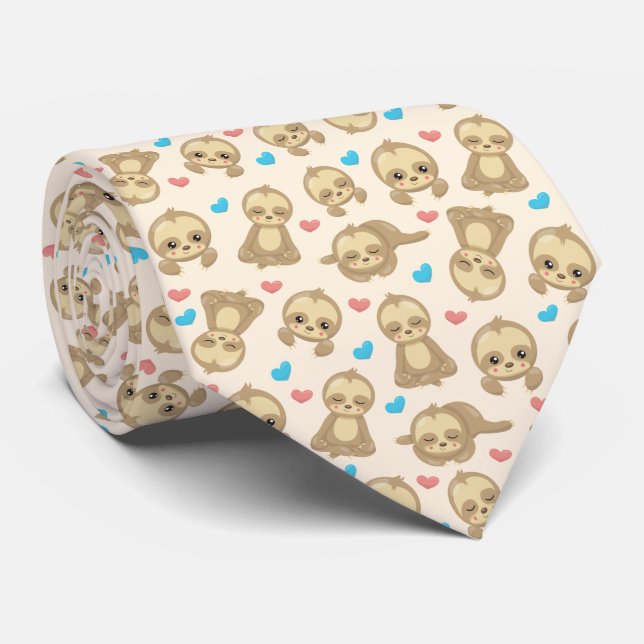 Pattern Of Sloths, Cute Sloths, Hearts Tie (Rolled)