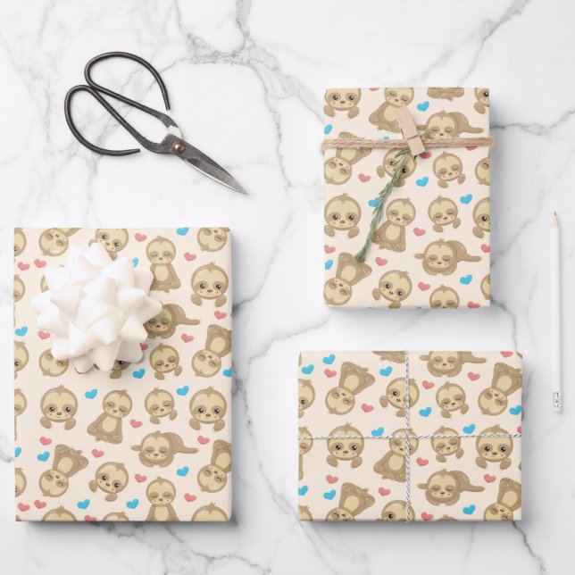 Pattern Of Sloths, Cute Sloths, Hearts Wrapping Paper Sheet (Front)