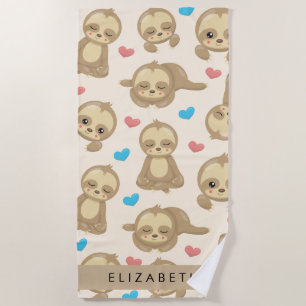 Pattern Of Sloths, Cute Sloths, Hearts, Your Name Beach Towel