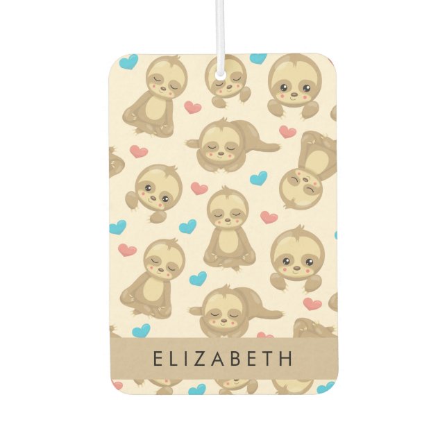 Pattern Of Sloths, Cute Sloths, Hearts, Your Name Car Air Freshener (Front)