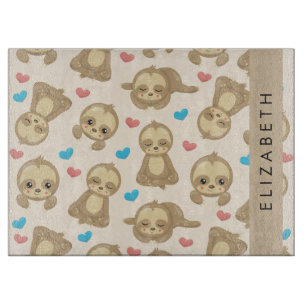 Pattern Of Sloths, Cute Sloths, Hearts, Your Name Cutting Board