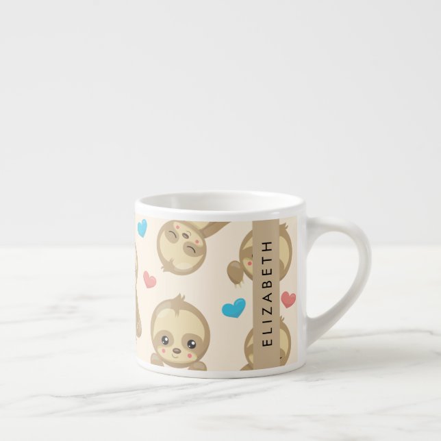 Pattern Of Sloths, Cute Sloths, Hearts, Your Name Espresso Cup (Right)