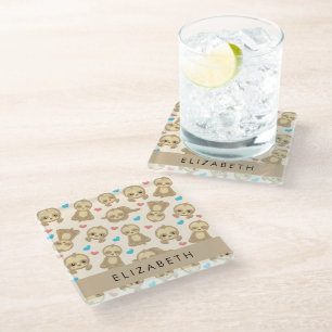 Pattern Of Sloths, Cute Sloths, Hearts, Your Name Glass Coaster