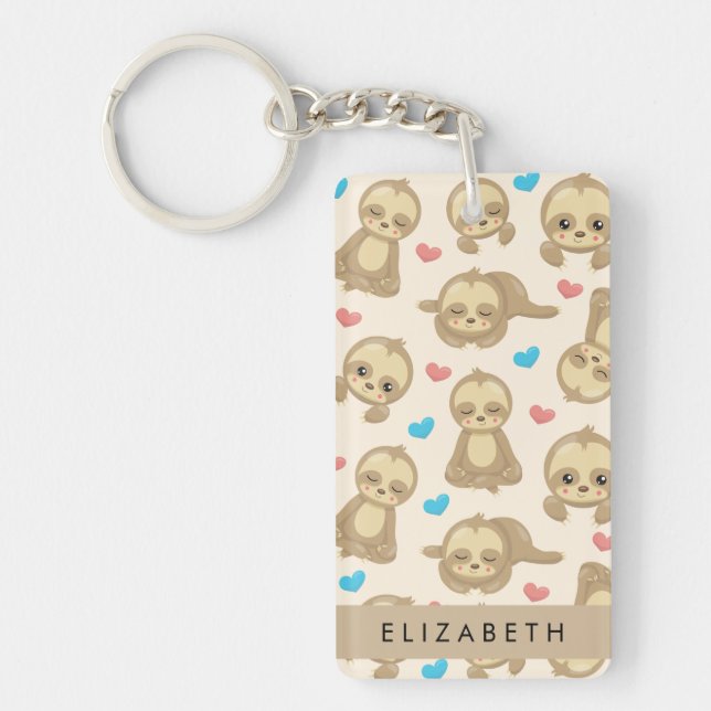 Pattern Of Sloths, Cute Sloths, Hearts, Your Name Key Ring (Front)