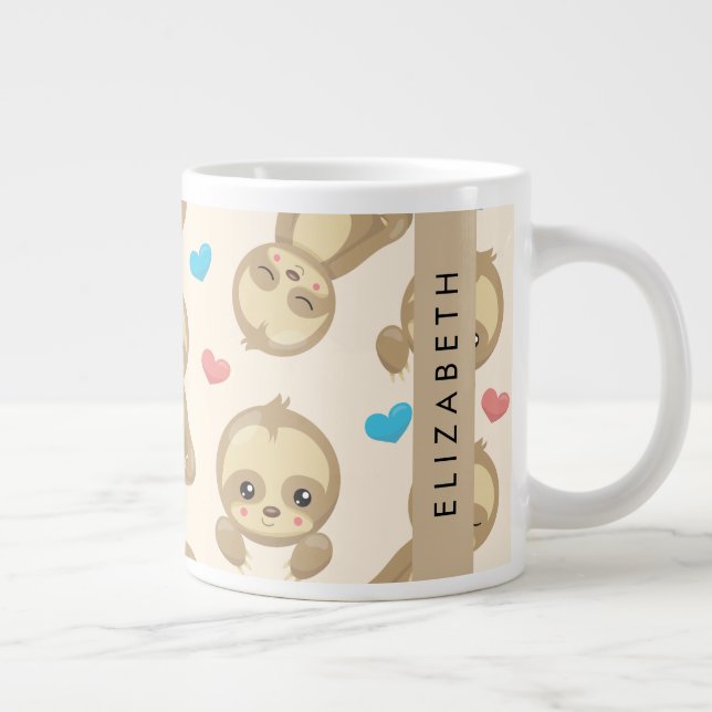 Pattern Of Sloths, Cute Sloths, Hearts, Your Name Large Coffee Mug (Right)