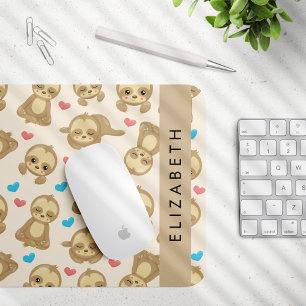 Pattern Of Sloths, Cute Sloths, Hearts, Your Name Mouse Pad