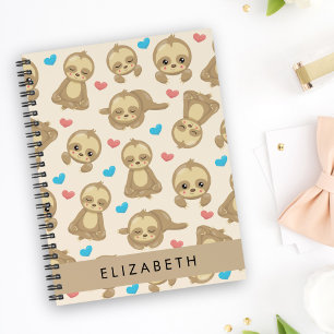 Pattern Of Sloths, Cute Sloths, Hearts, Your Name Notebook