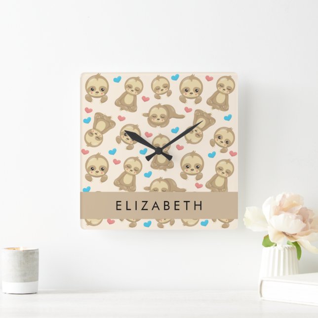 Pattern Of Sloths, Cute Sloths, Hearts, Your Name Square Wall Clock (Home)