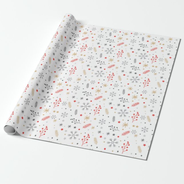 Pattern Of Snowflakes And Plants On White Wrapping Paper (Unrolled)