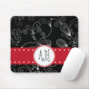 Pattern Of Swirls, Black and White, Monogram Mouse Pad