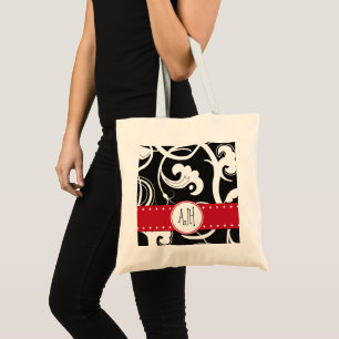 Pattern Of Swirls, Black and White, Monogram Tote Bag
