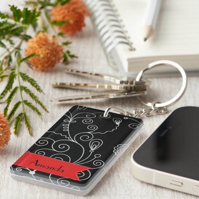 Pattern Of Swirls, Black and White, Your Name Key Ring (Front Right)