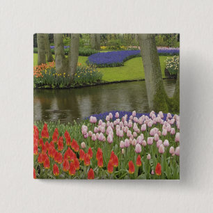 Pattern of tulips and grape hyacinth flowers, 15 cm square badge