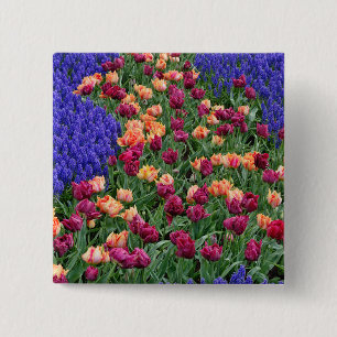 Pattern of tulips and Grape Hyacinth flowers, 15 Cm Square Badge