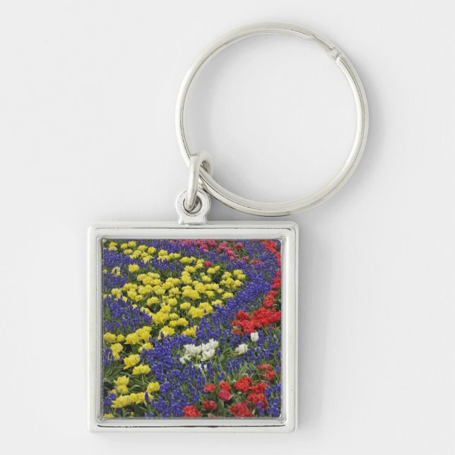 Pattern of tulips and Grape Hyacinth flowers, 2 Key Ring (Front)