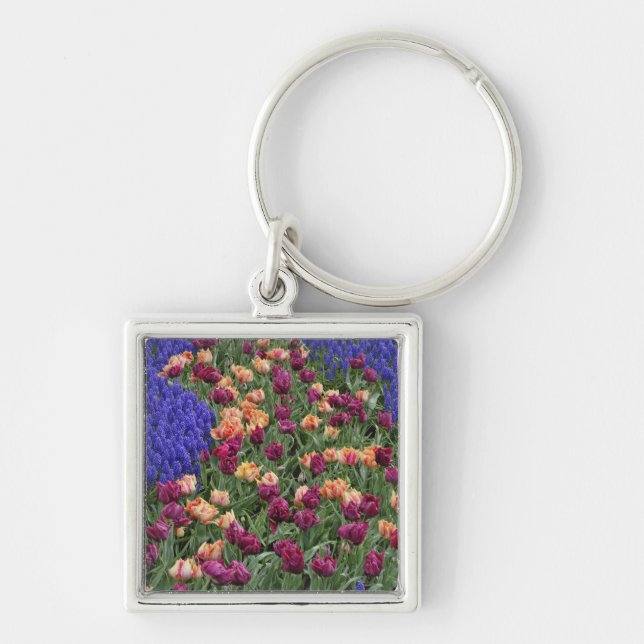 Pattern of tulips and Grape Hyacinth flowers, Key Ring (Front)