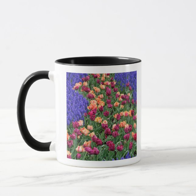 Pattern of tulips and Grape Hyacinth flowers, Mug (Left)