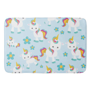Pattern Of Unicorns, Cute Unicorns, Flowers Bath Mat