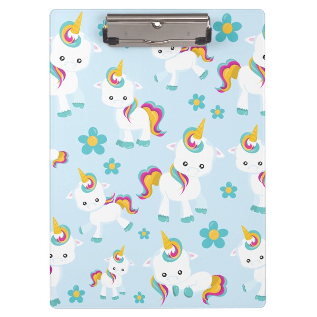 Pattern Of Unicorns, Cute Unicorns, Flowers Clipboard (Front)