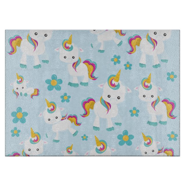 Pattern Of Unicorns, Cute Unicorns, Flowers Cutting Board (Front)