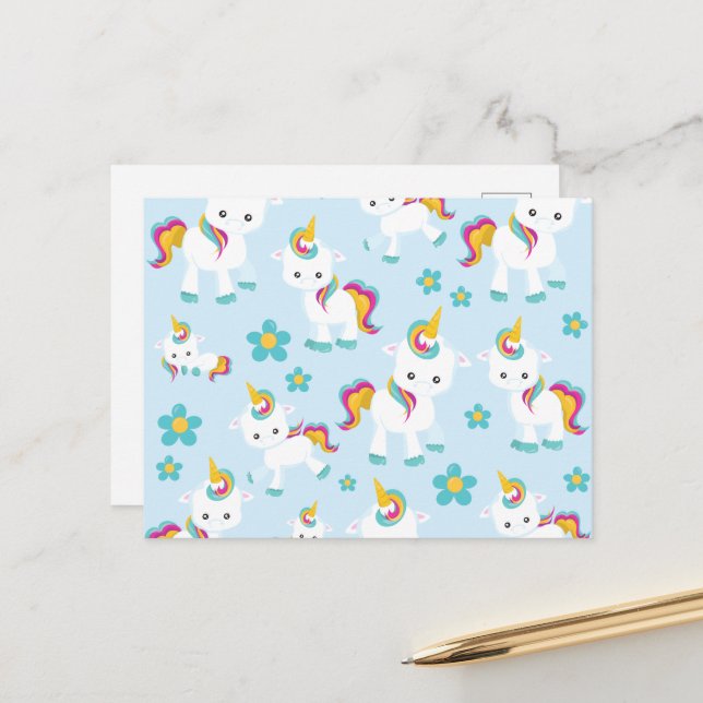 Pattern Of Unicorns, Cute Unicorns, Flowers Postcard (Front/Back In Situ)