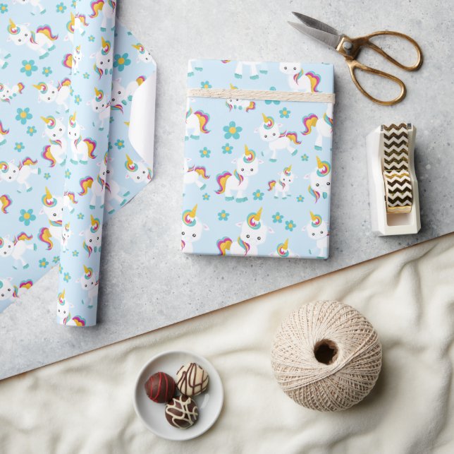 Pattern Of Unicorns, Cute Unicorns, Flowers Wrapping Paper (Crafts)