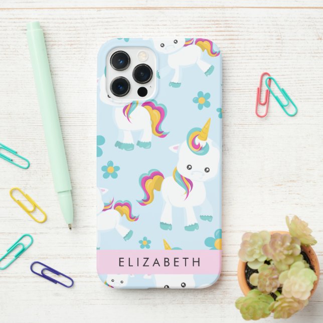 Pattern Of Unicorns, Cute Unicorns, Your Name iPhone Case (On Desk)