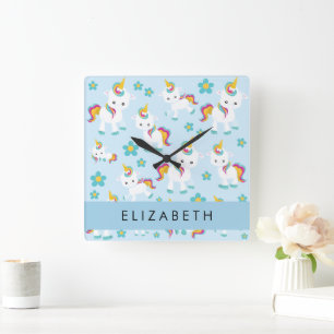 Pattern Of Unicorns, Cute Unicorns, Your Name Square Wall Clock