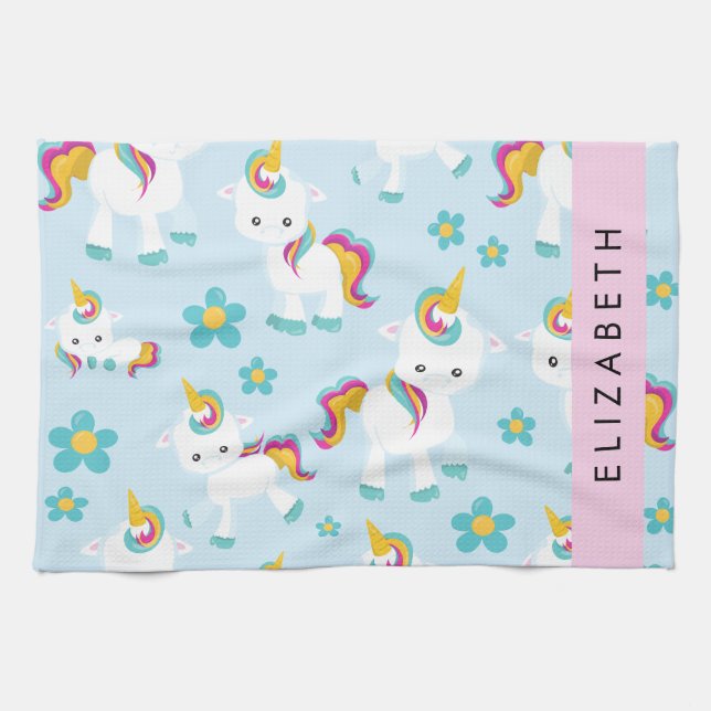 Pattern Of Unicorns, Cute Unicorns, Your Name Tea Towel (Horizontal)
