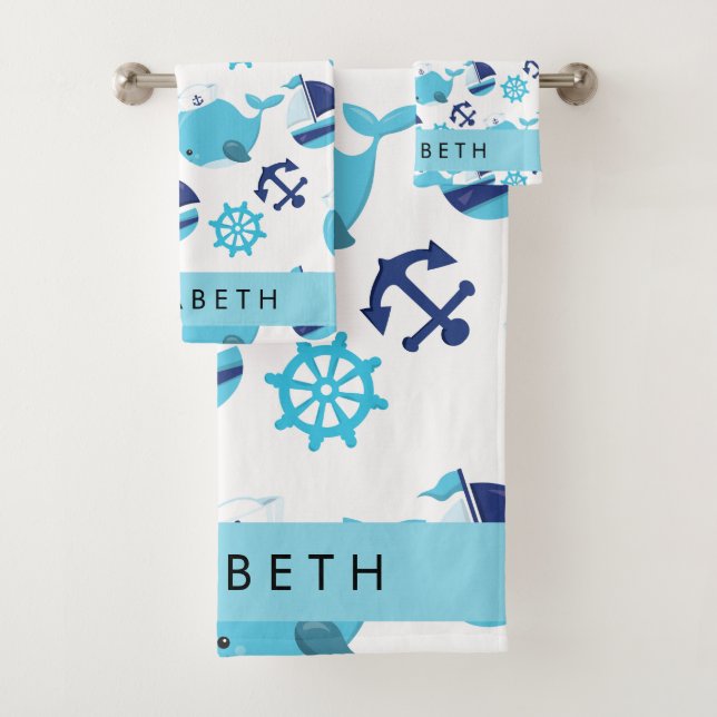Pattern Of Whales, Blue Whales, Your Name Bath Towel Set (Insitu)