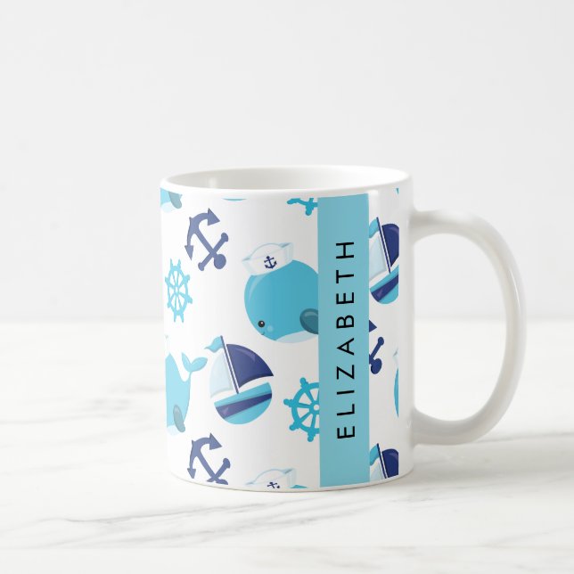 Pattern Of Whales, Blue Whales, Your Name Coffee Mug (Right)