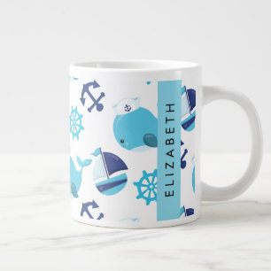 Pattern Of Whales, Blue Whales, Your Name Large Coffee Mug