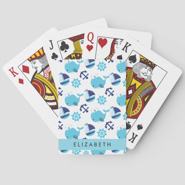 Pattern Of Whales, Blue Whales, Your Name Playing Cards (Back)