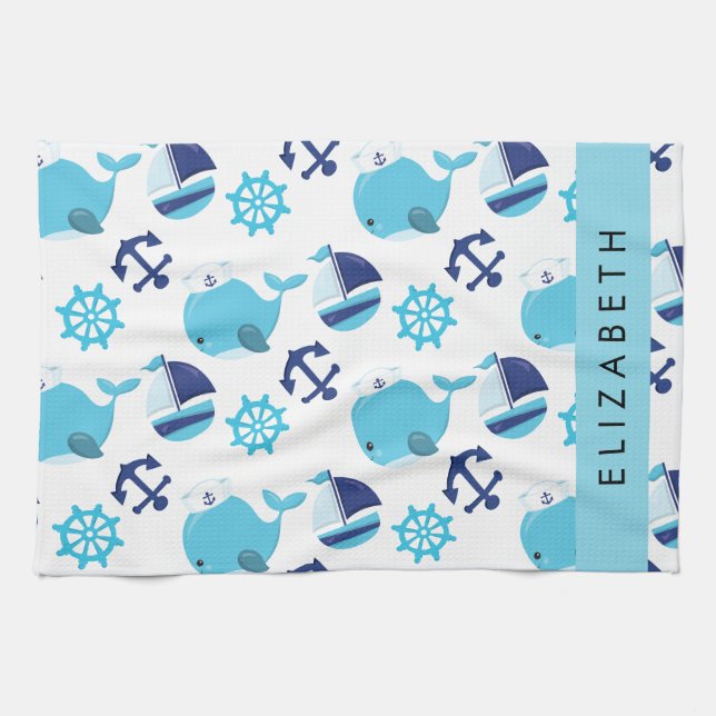 Pattern Of Whales, Blue Whales, Your Name Tea Towel (Horizontal)