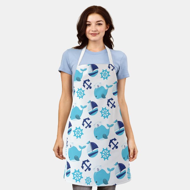 Pattern Of Whales, Cute Whales, Blue Whales Apron (Worn)