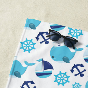 Pattern Of Whales, Cute Whales, Blue Whales Beach Towel