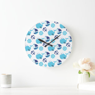 Pattern Of Whales, Cute Whales, Blue Whales Large Clock