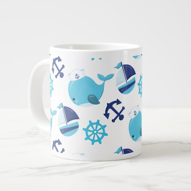 Pattern Of Whales, Cute Whales, Blue Whales Large Coffee Mug (Front Left)